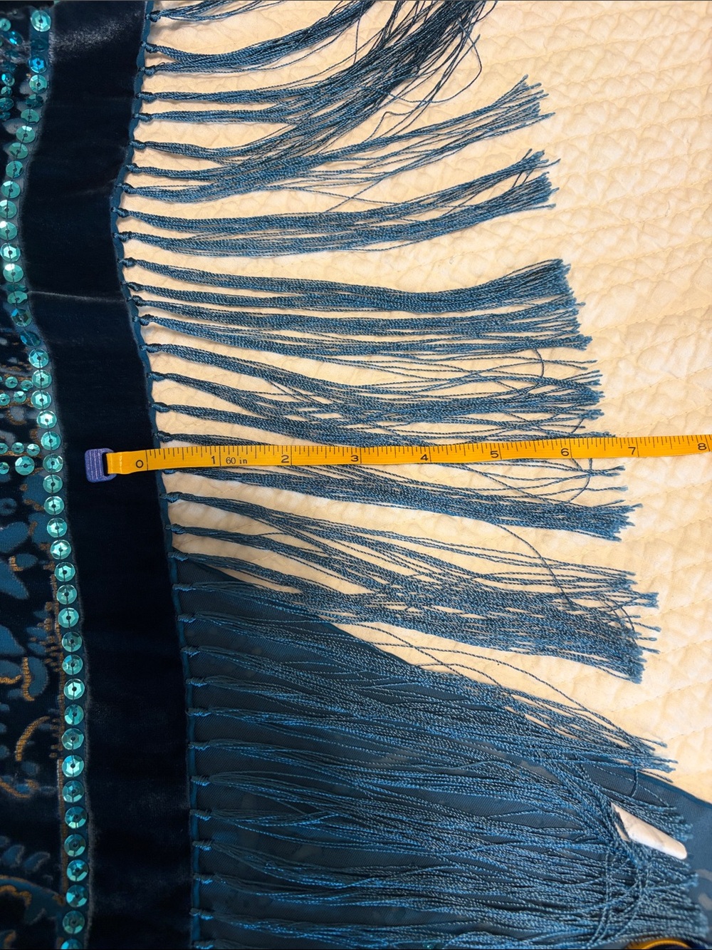 Liz Claiborne dark blue w Teal and gold accents Velvet Fringe Shawl - Picture 5 of 9
